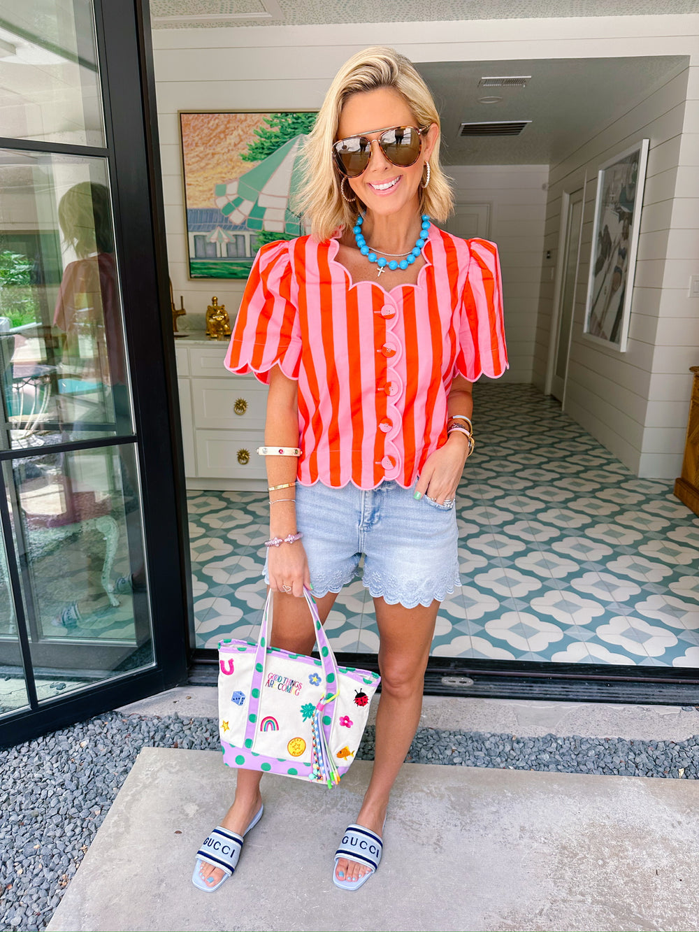 HERE FOR THE SCALLOPS STRIPE TOP - PINK/CORAL