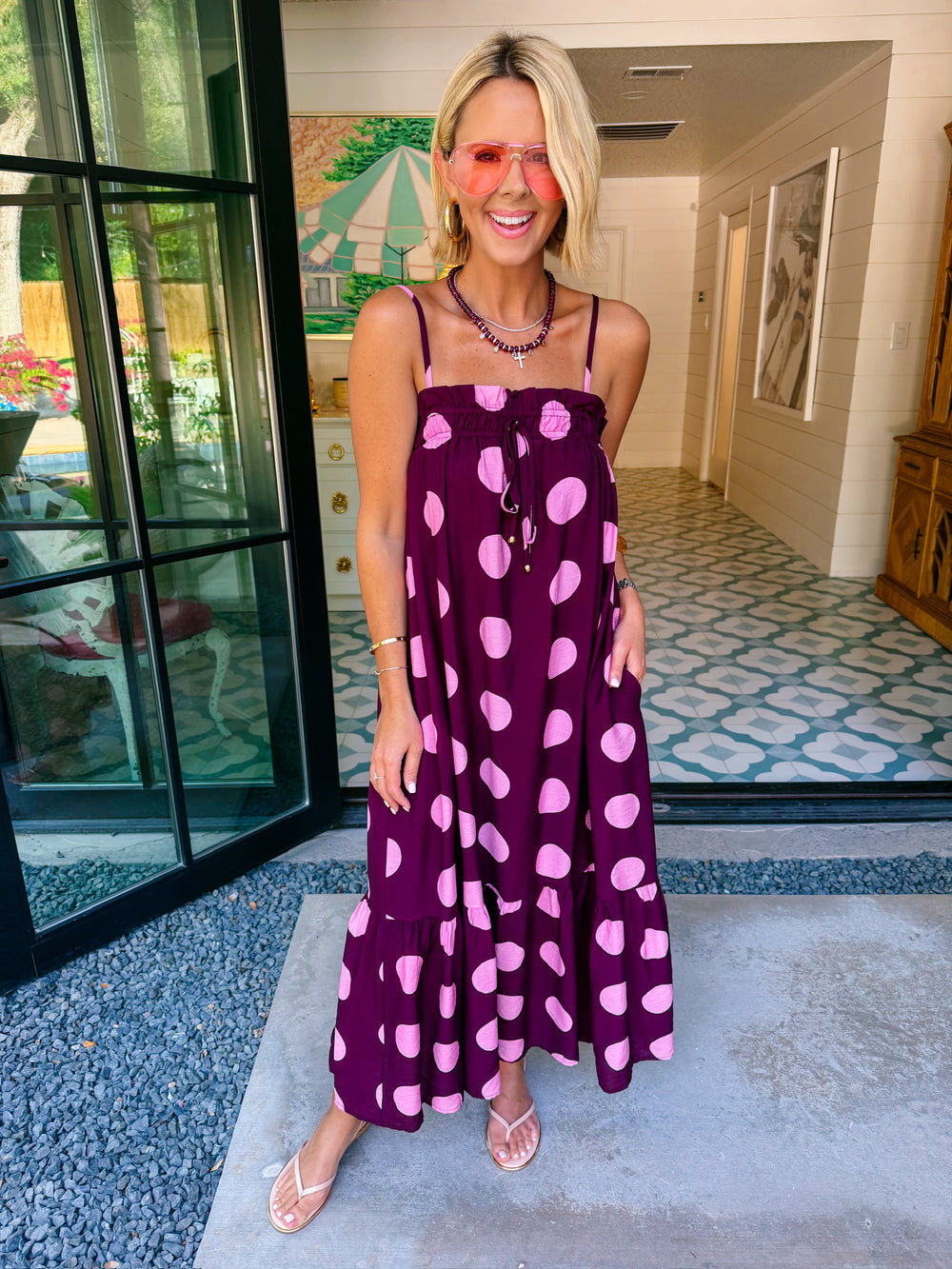 A LOVELY THOUGHT POLKA DOT MIDI DRESS - PLUM/PINK
