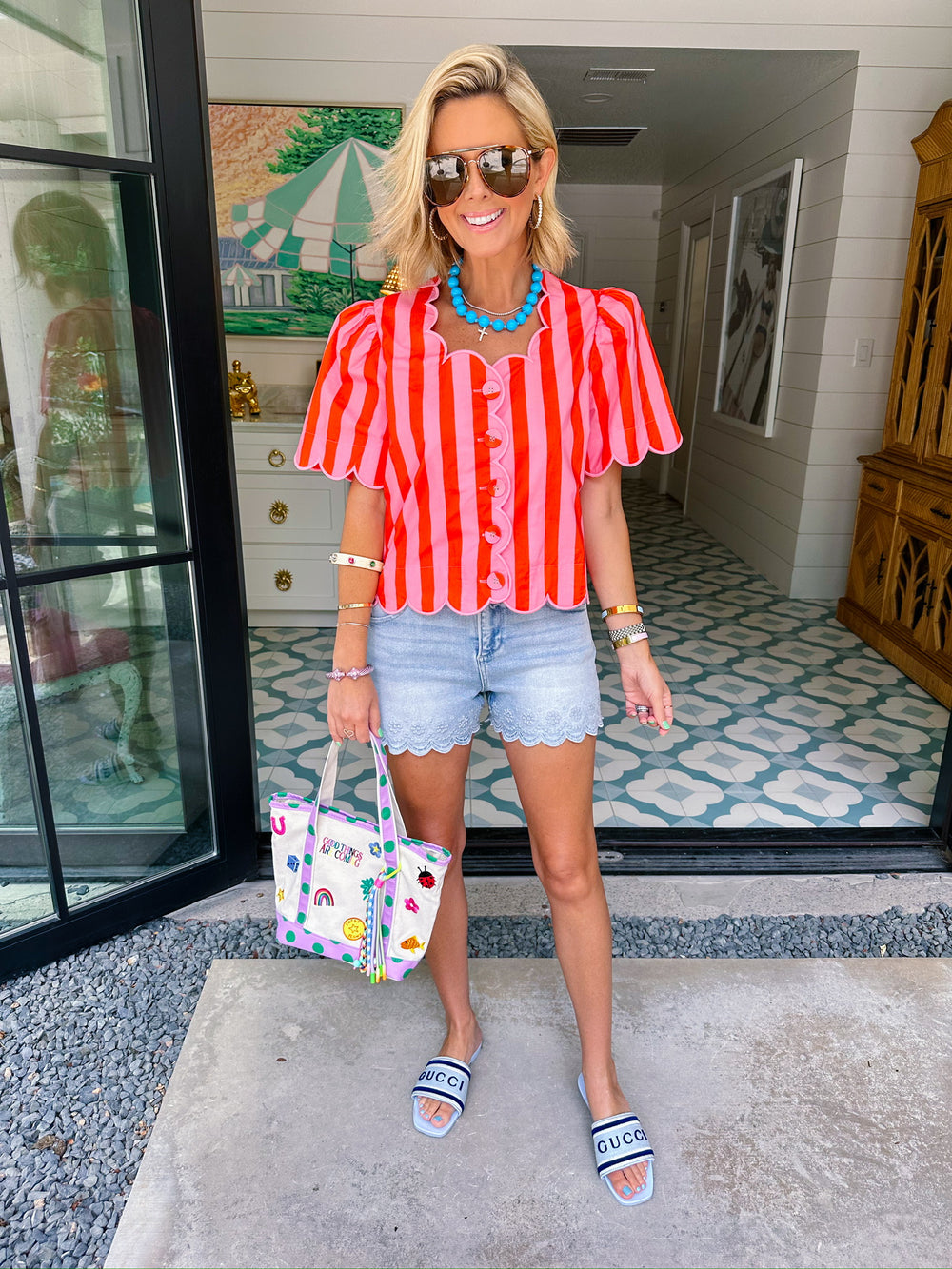 HERE FOR THE SCALLOPS STRIPE TOP - PINK/CORAL