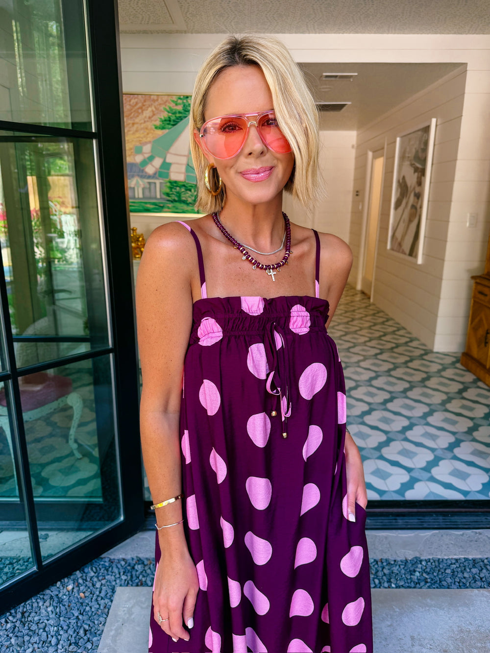 A LOVELY THOUGHT POLKA DOT MIDI DRESS - PLUM/PINK