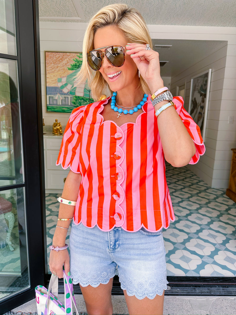 HERE FOR THE SCALLOPS STRIPE TOP - PINK/CORAL