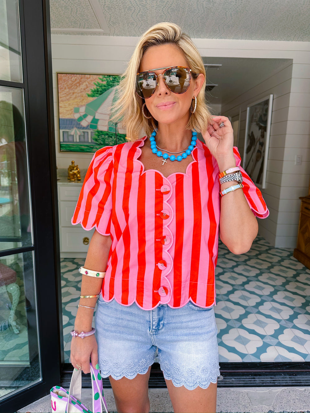 HERE FOR THE SCALLOPS STRIPE TOP - PINK/CORAL