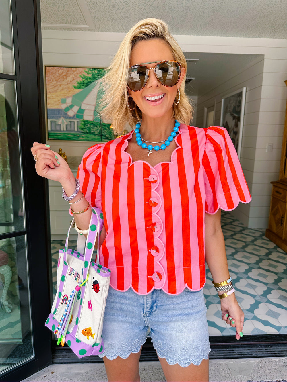 HERE FOR THE SCALLOPS STRIPE TOP - PINK/CORAL