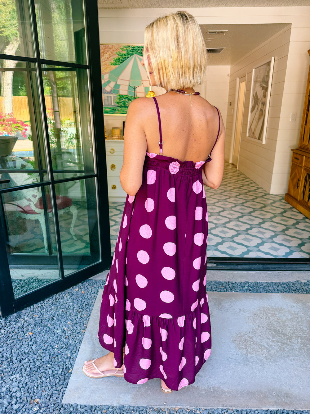 A LOVELY THOUGHT POLKA DOT MIDI DRESS - PLUM/PINK
