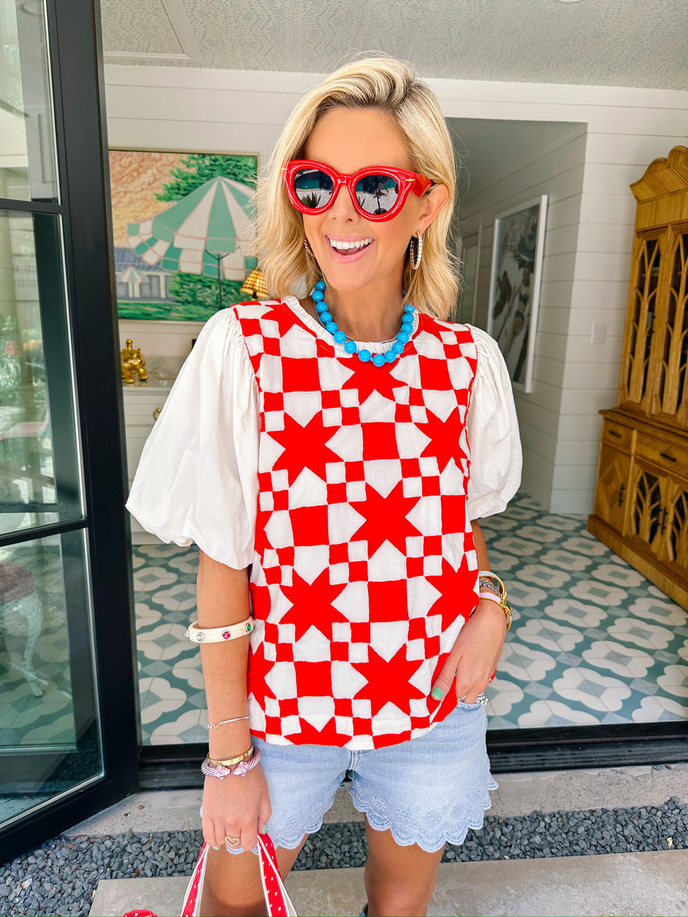 QUINN QUILTED PUFF SLEEVE TOP - RED