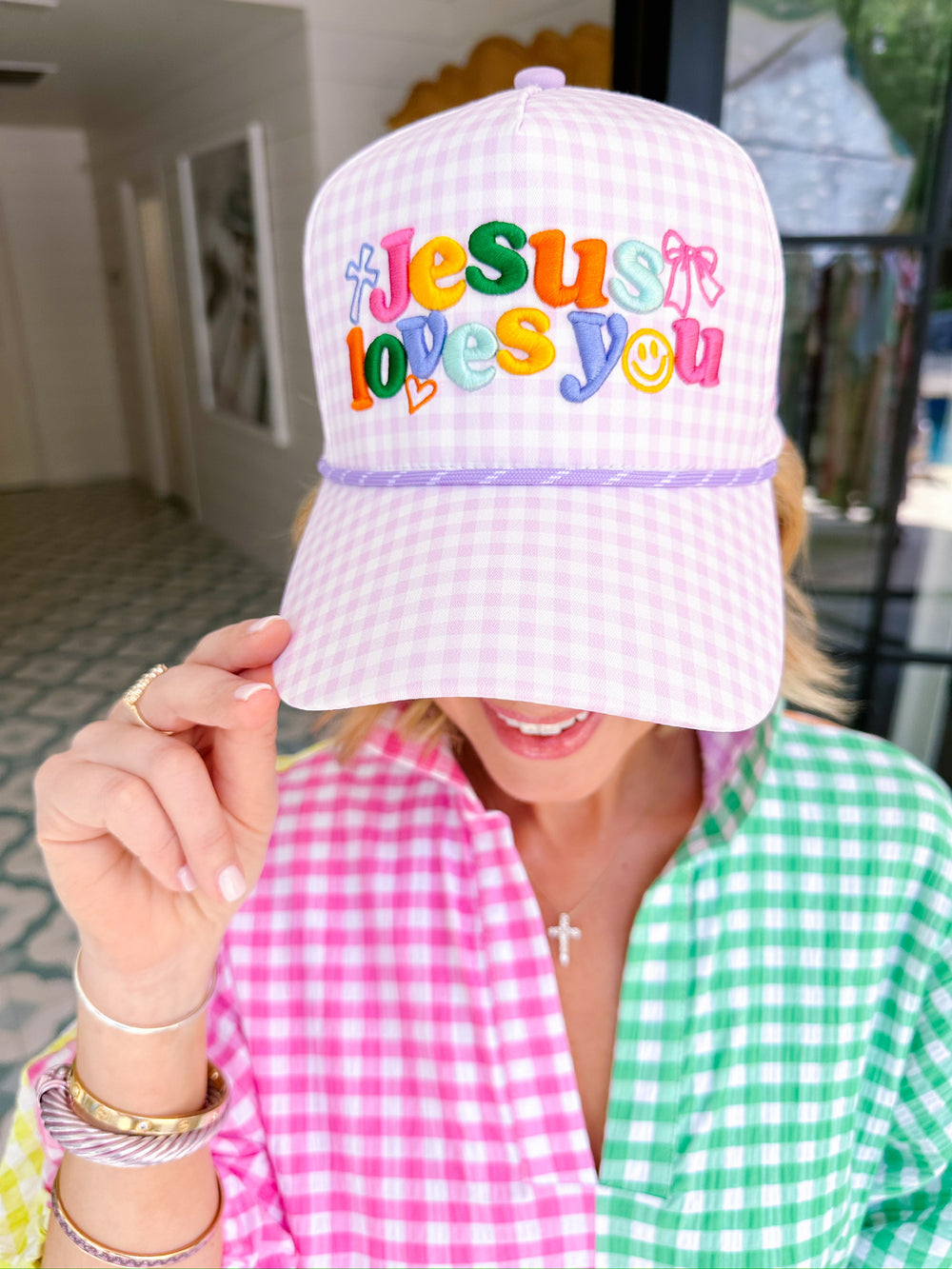 JESUS LOVES YOU GINGHAM CANVAS TRUCKER HAT - LAVENDER