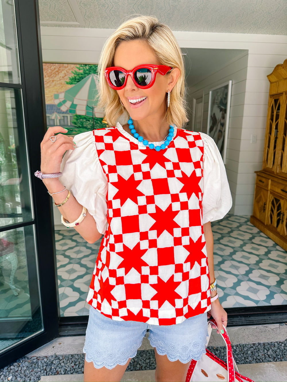 QUINN QUILTED PUFF SLEEVE TOP - RED