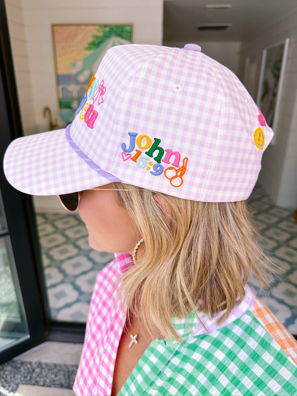 JESUS LOVES YOU GINGHAM CANVAS TRUCKER HAT - LAVENDER