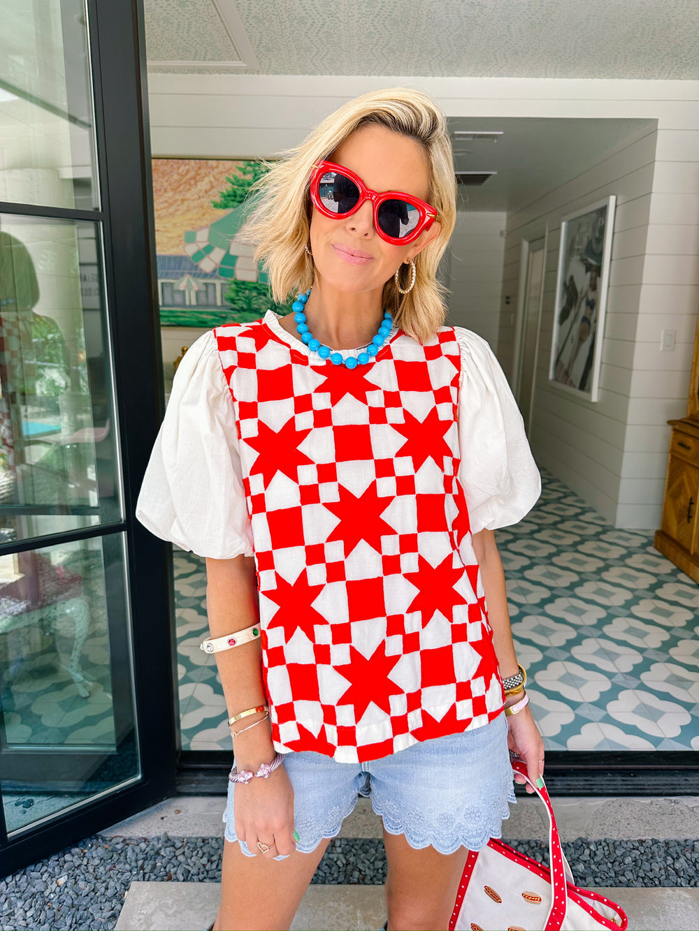 QUINN QUILTED PUFF SLEEVE TOP - RED