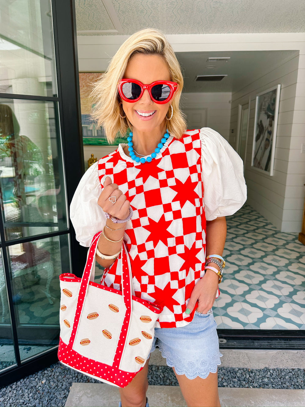 QUINN QUILTED PUFF SLEEVE TOP - RED