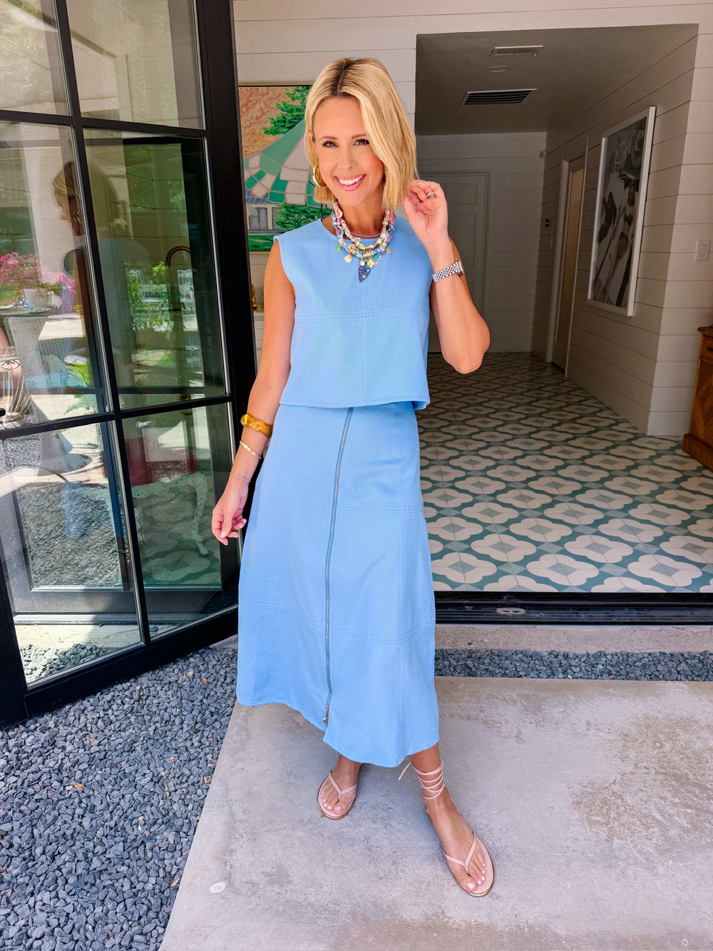 WEEKEND GETAWAY ZIPPER MIDI SKIRT SET - BLUE