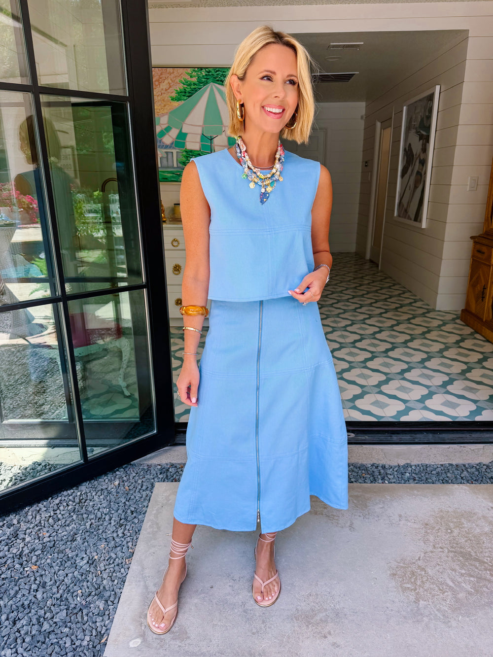 WEEKEND GETAWAY ZIPPER MIDI SKIRT SET - BLUE