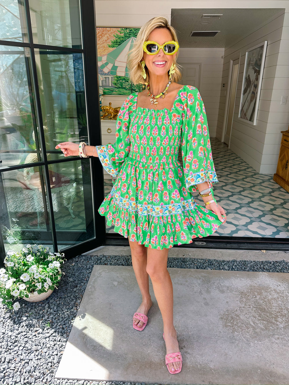 PICK ME FLORAL BLOCK SMOCKED DRESS - GREEN
