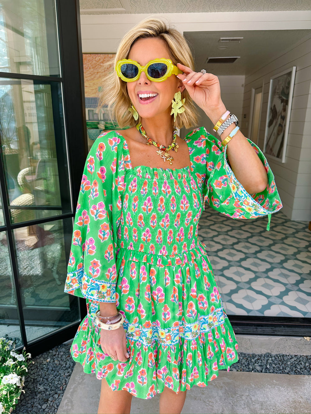 PICK ME FLORAL BLOCK SMOCKED DRESS - GREEN