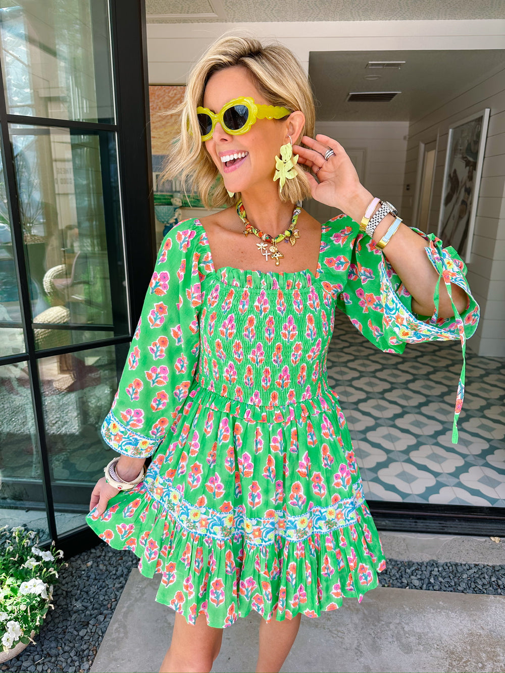 PICK ME FLORAL BLOCK SMOCKED DRESS - GREEN