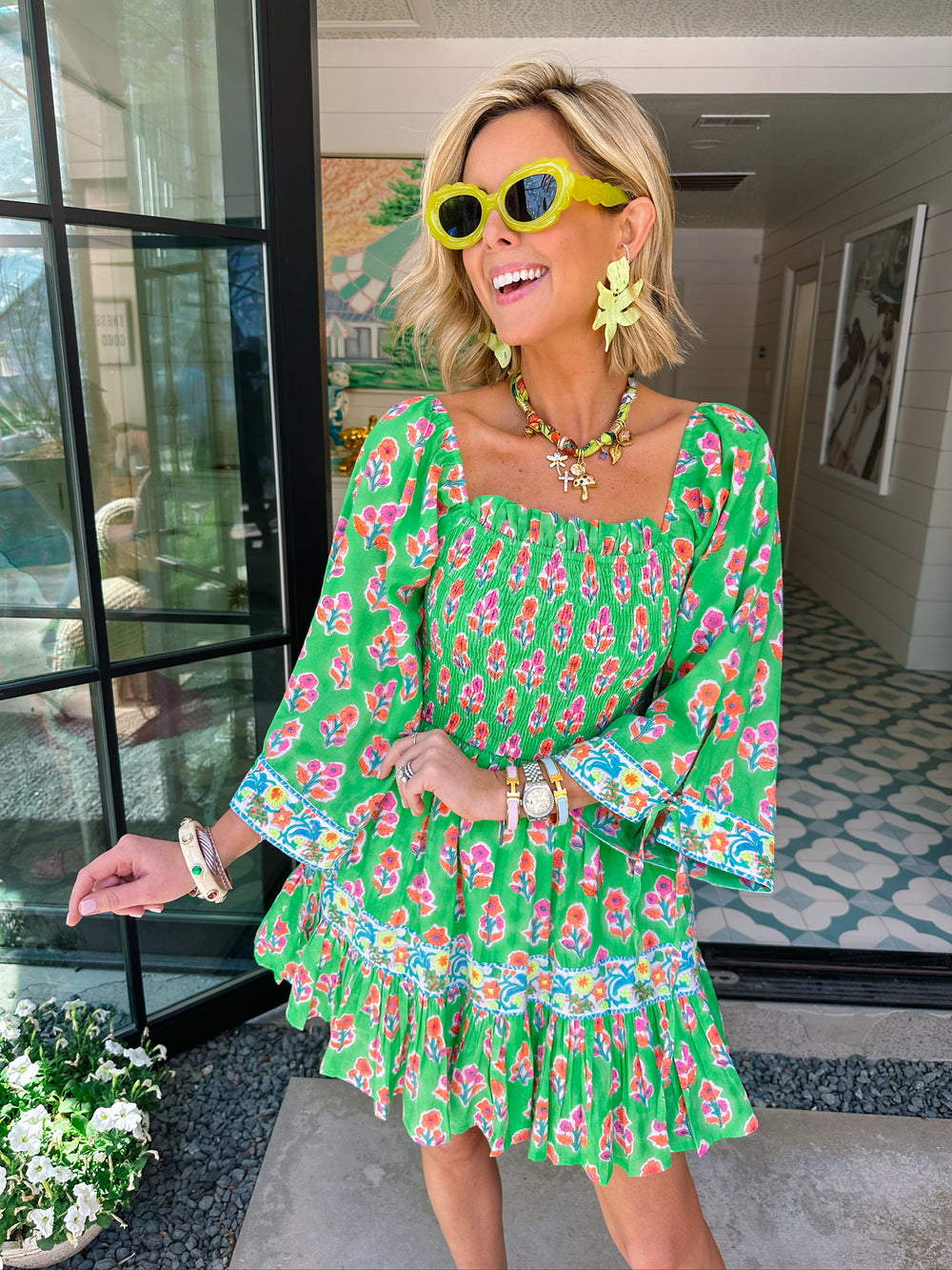 PICK ME FLORAL BLOCK SMOCKED DRESS - GREEN