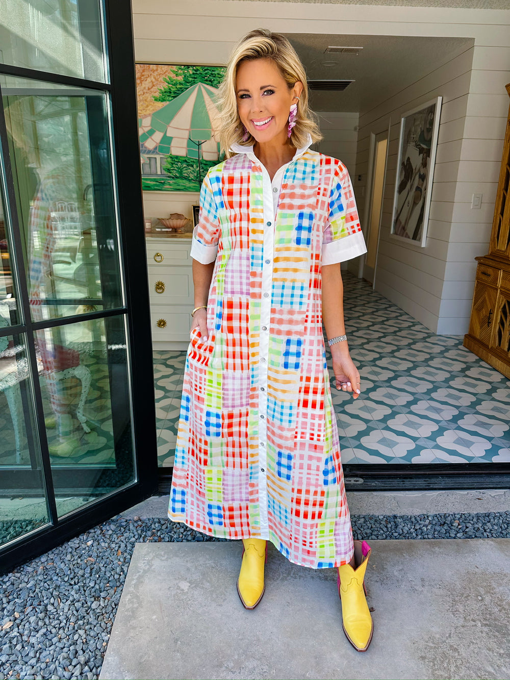 GILLIAN COLORFUL GINGHAM WATERCOLOR MIDI DRESS