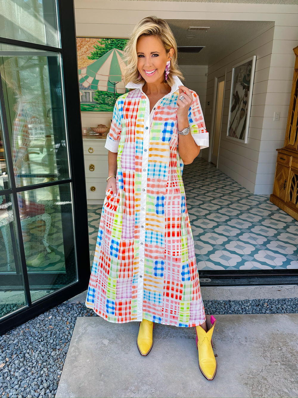 GILLIAN COLORFUL GINGHAM WATERCOLOR MIDI DRESS