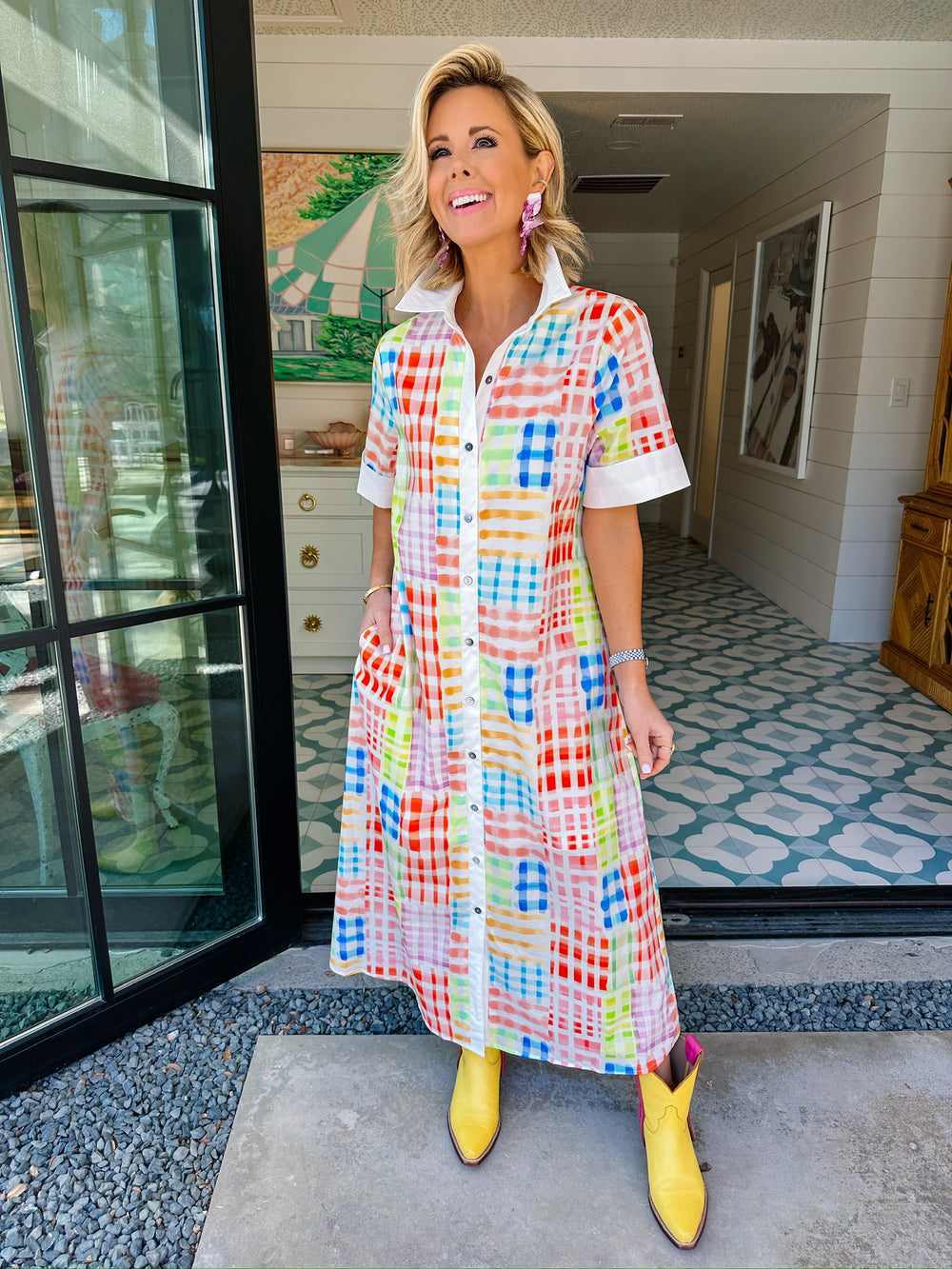 GILLIAN COLORFUL GINGHAM WATERCOLOR MIDI DRESS