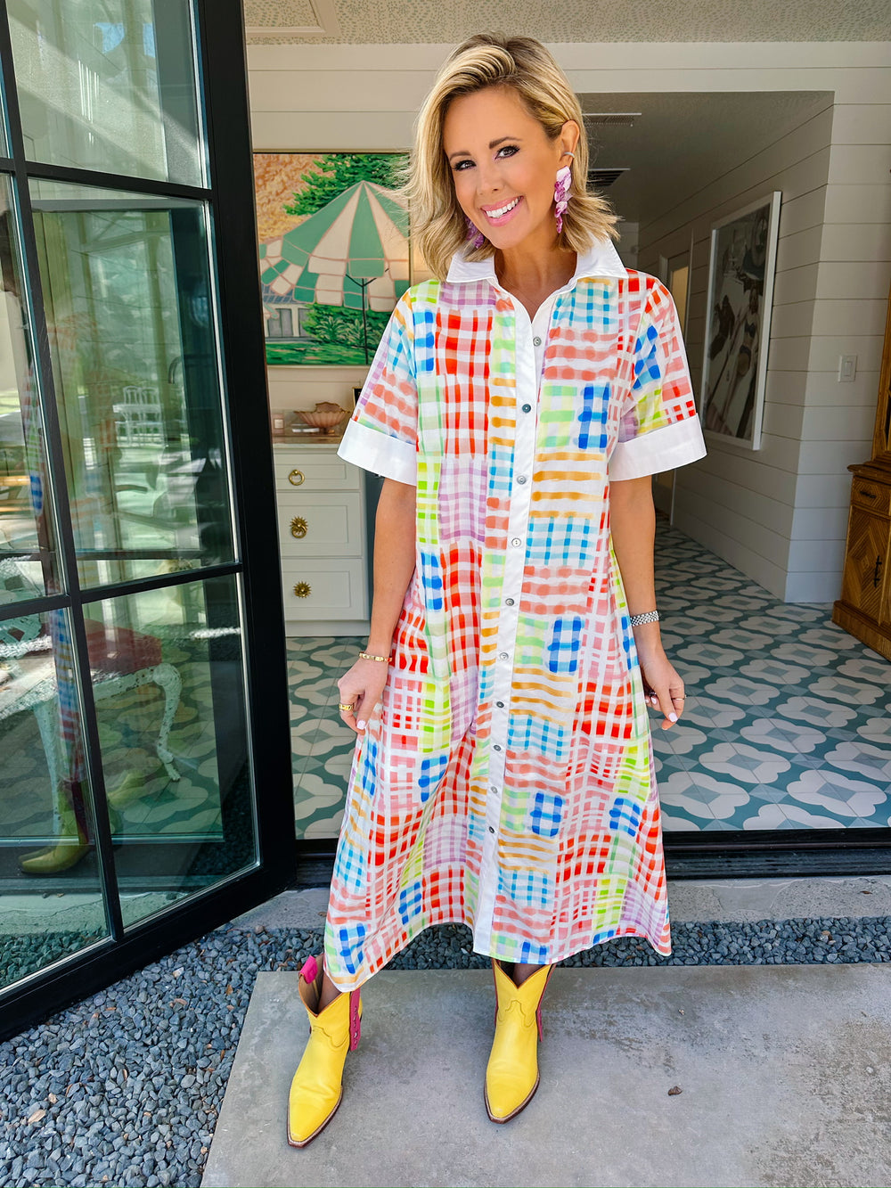 GILLIAN COLORFUL GINGHAM WATERCOLOR MIDI DRESS