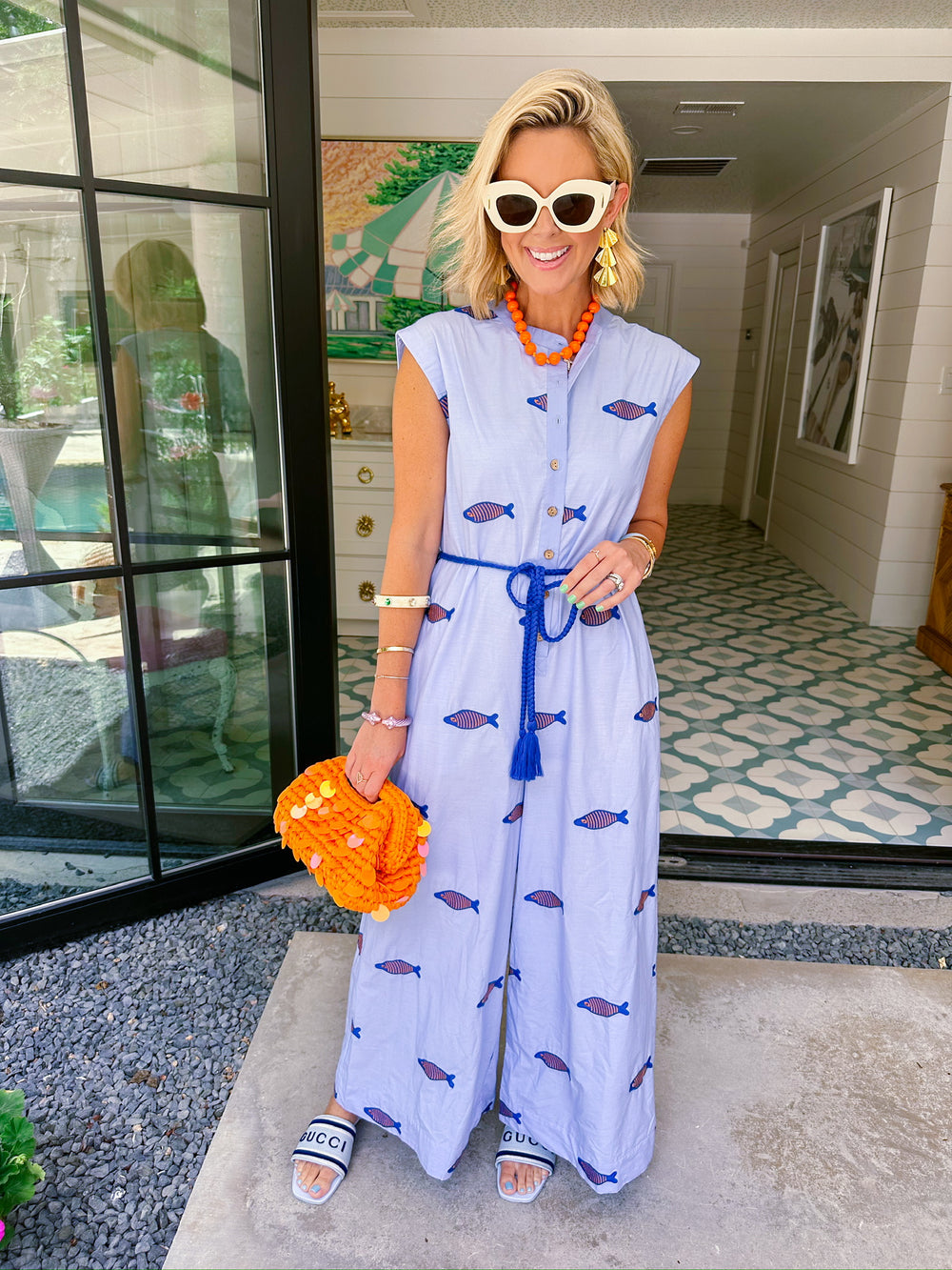 EMERSON EMBROIDERED FISH JUMPSUIT - BLUE