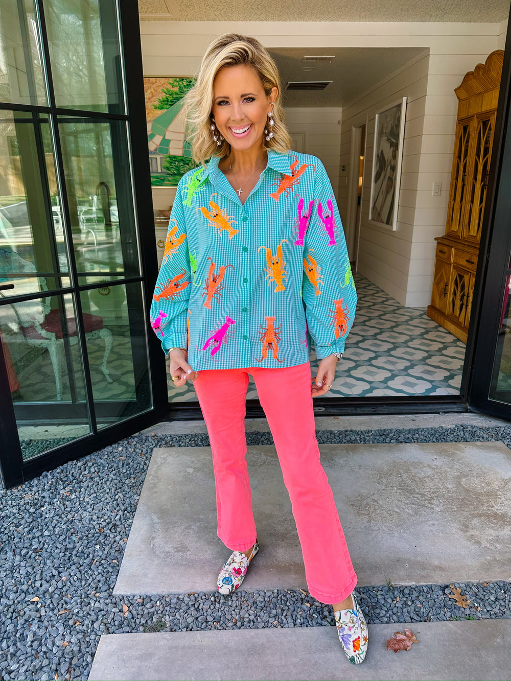 GINGHAM CRAWFISH BUTTON UP TOP - GREEN