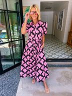 KNOW YOUR WORTH QUATREFOIL MIDI DRESS - BLACK/PINK
