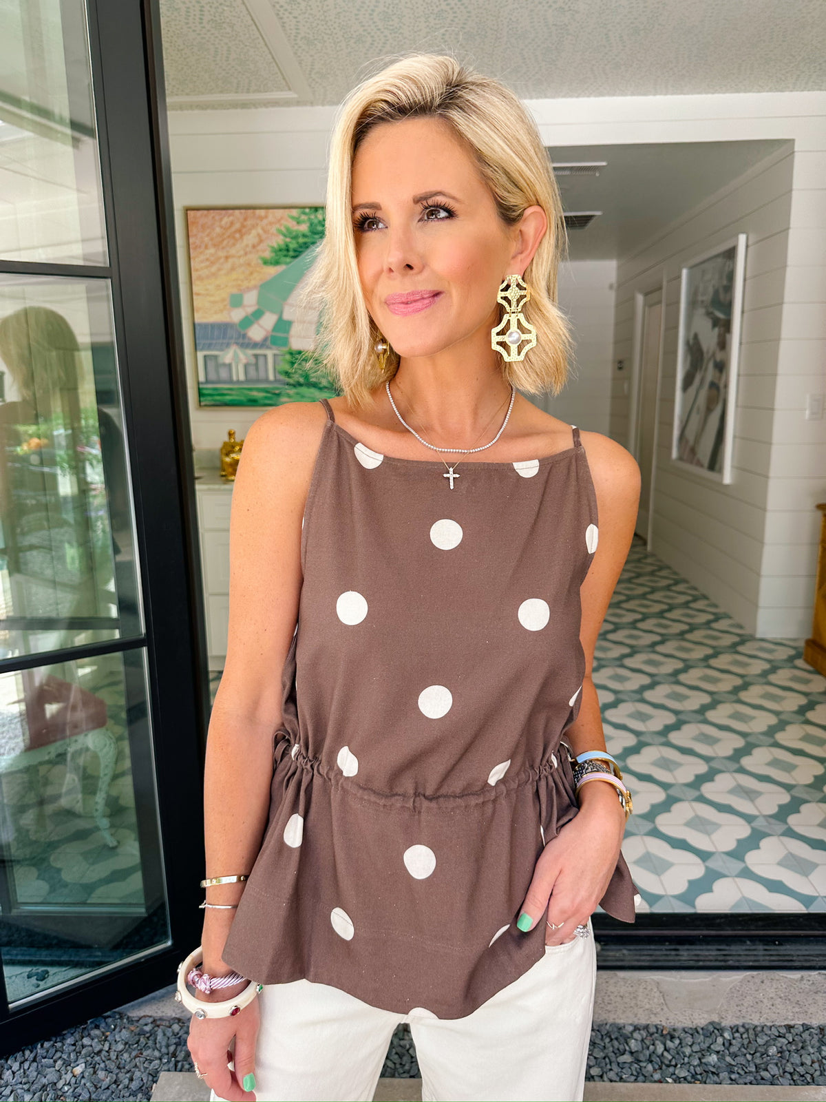 HEY GIRL HEY POLKA DOT CINCH WAIST TOP - BROWN
