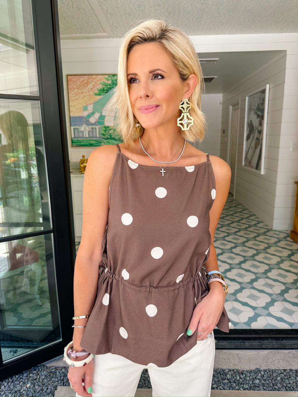 HEY GIRL HEY POLKA DOT CINCH WAIST TOP - BROWN