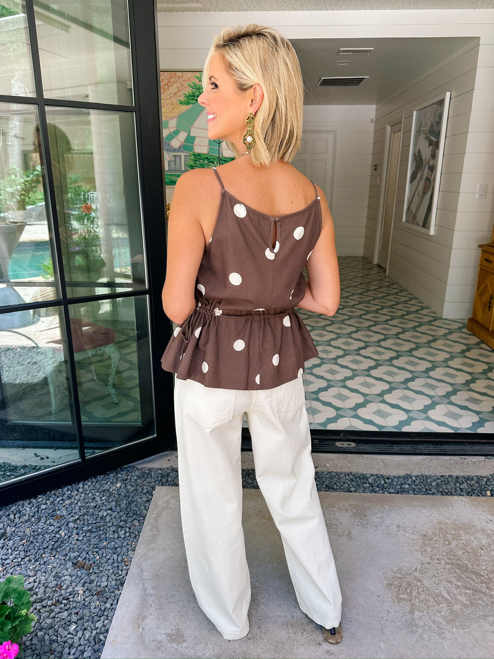HEY GIRL HEY POLKA DOT CINCH WAIST TOP - BROWN