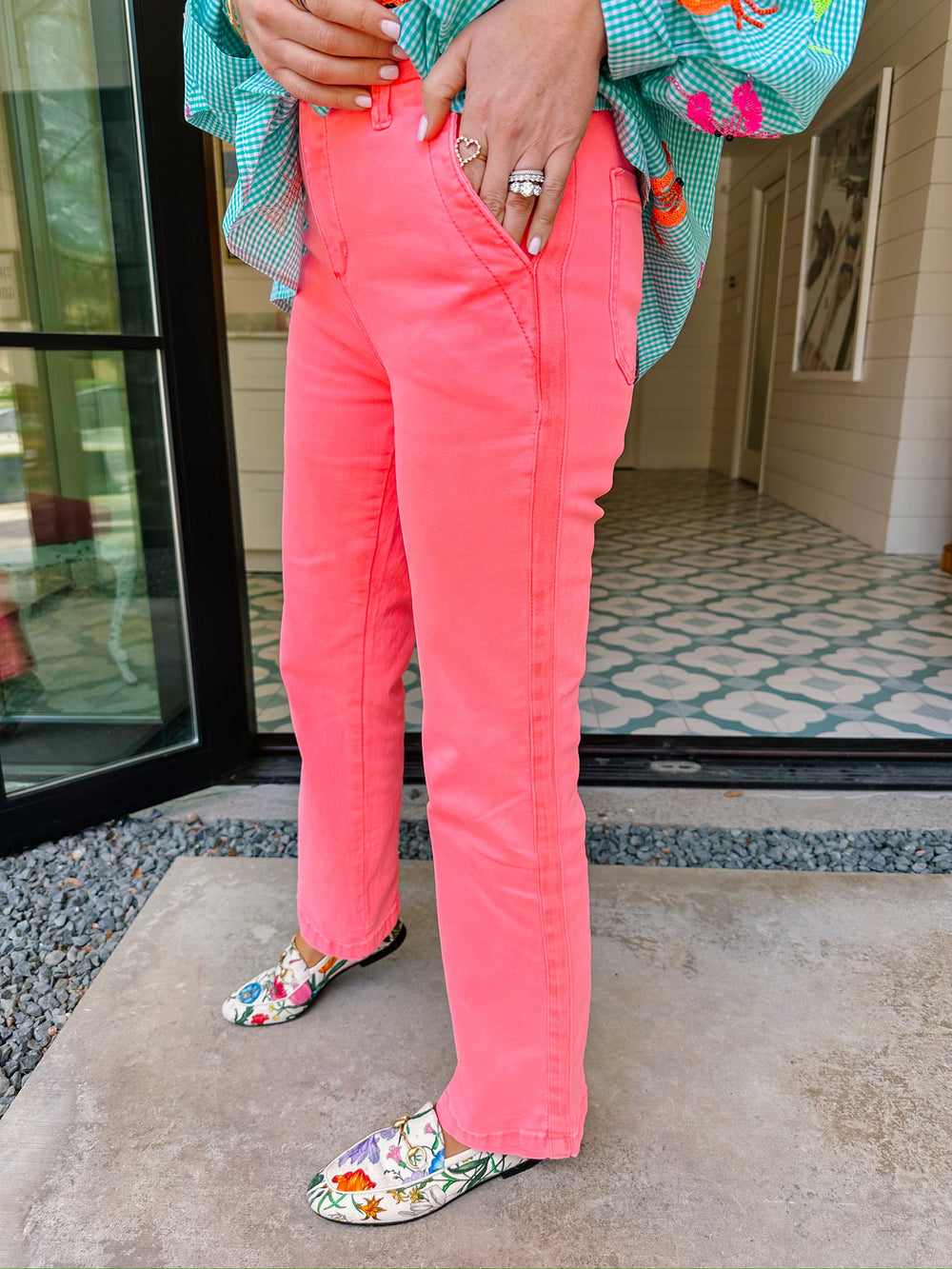 CORINNE HIGH RISE STRAIGHT JEANS - CORAL PINK