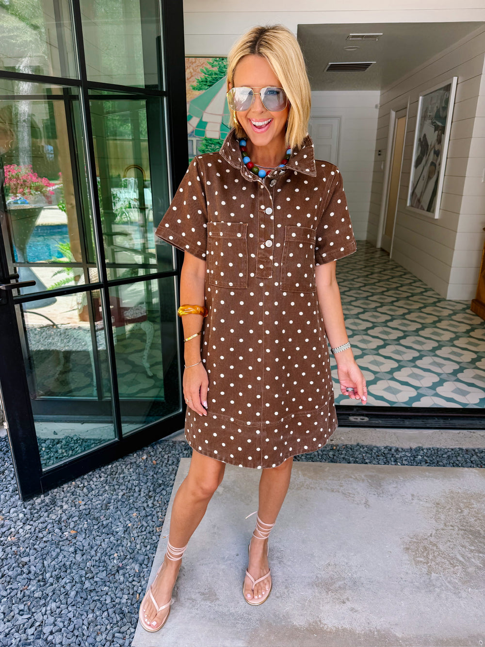 HOLLY POLKA DOT DENIM DRESS - BROWN