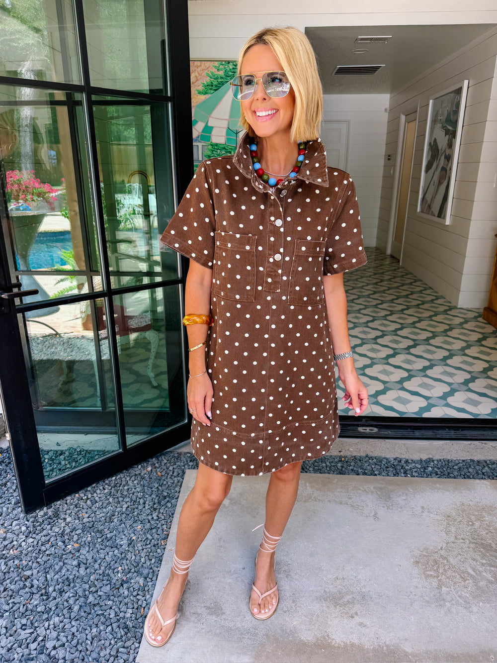 HOLLY POLKA DOT DENIM DRESS - BROWN