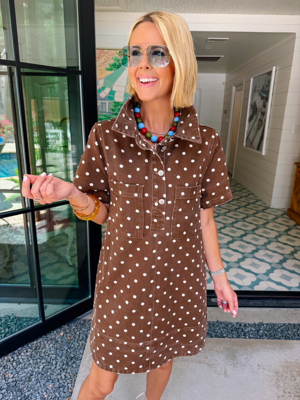 HOLLY POLKA DOT DENIM DRESS - BROWN
