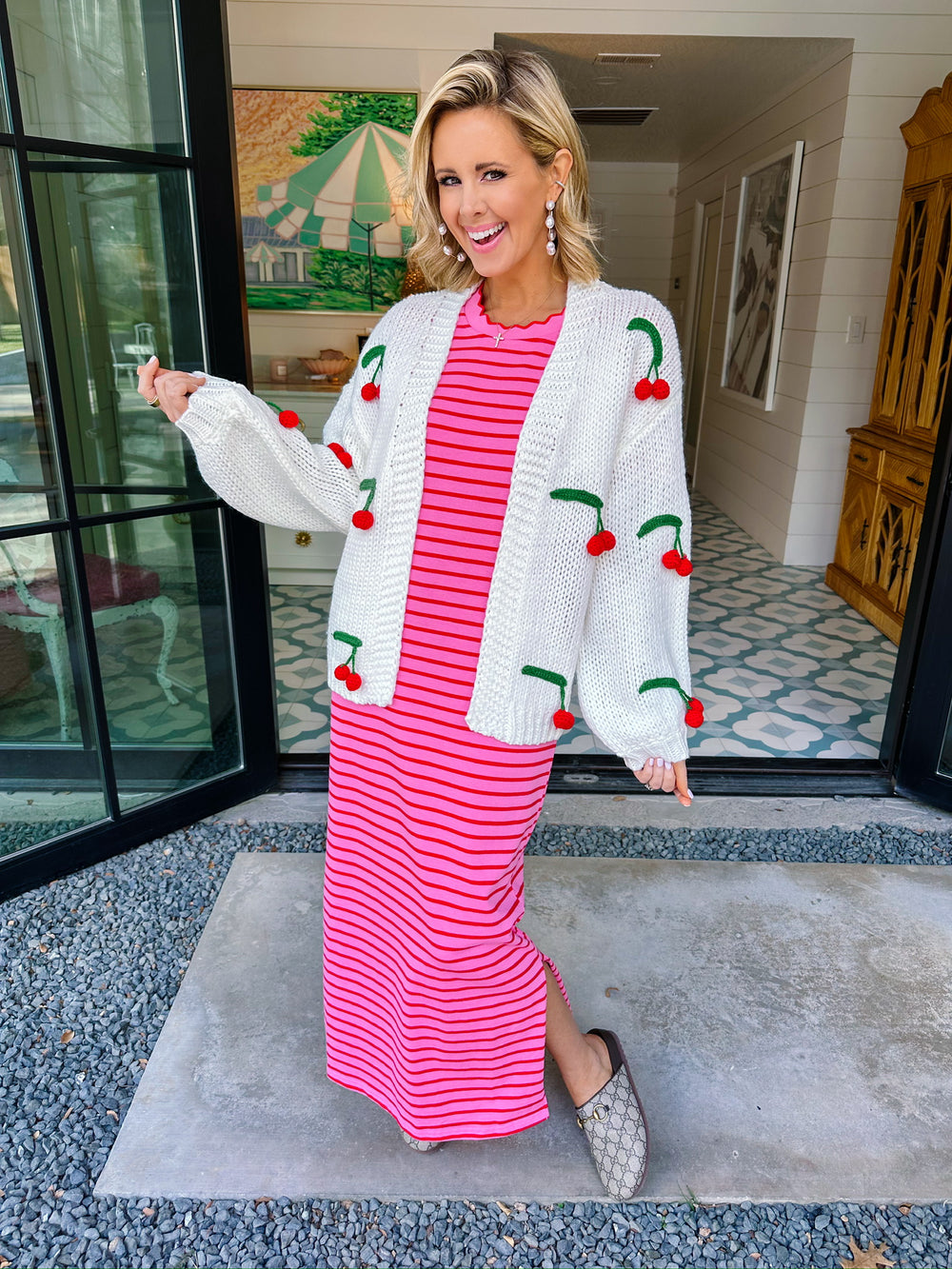 LOVELY LINES STRIPE SCALLOP MIDI DRESS - PINK