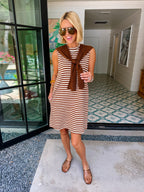 KIMBERLY STRIPE SHOULDER SWEATER DRESS - BROWN
