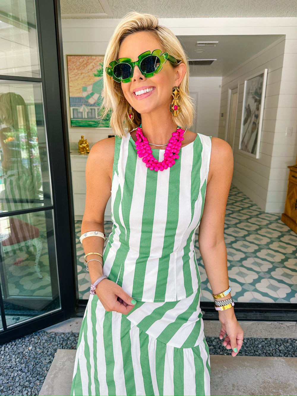 MONICA BOLD STRIPE MIDI SKIRT SET - GREEN