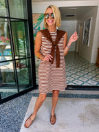KIMBERLY STRIPE SHOULDER SWEATER DRESS - BROWN