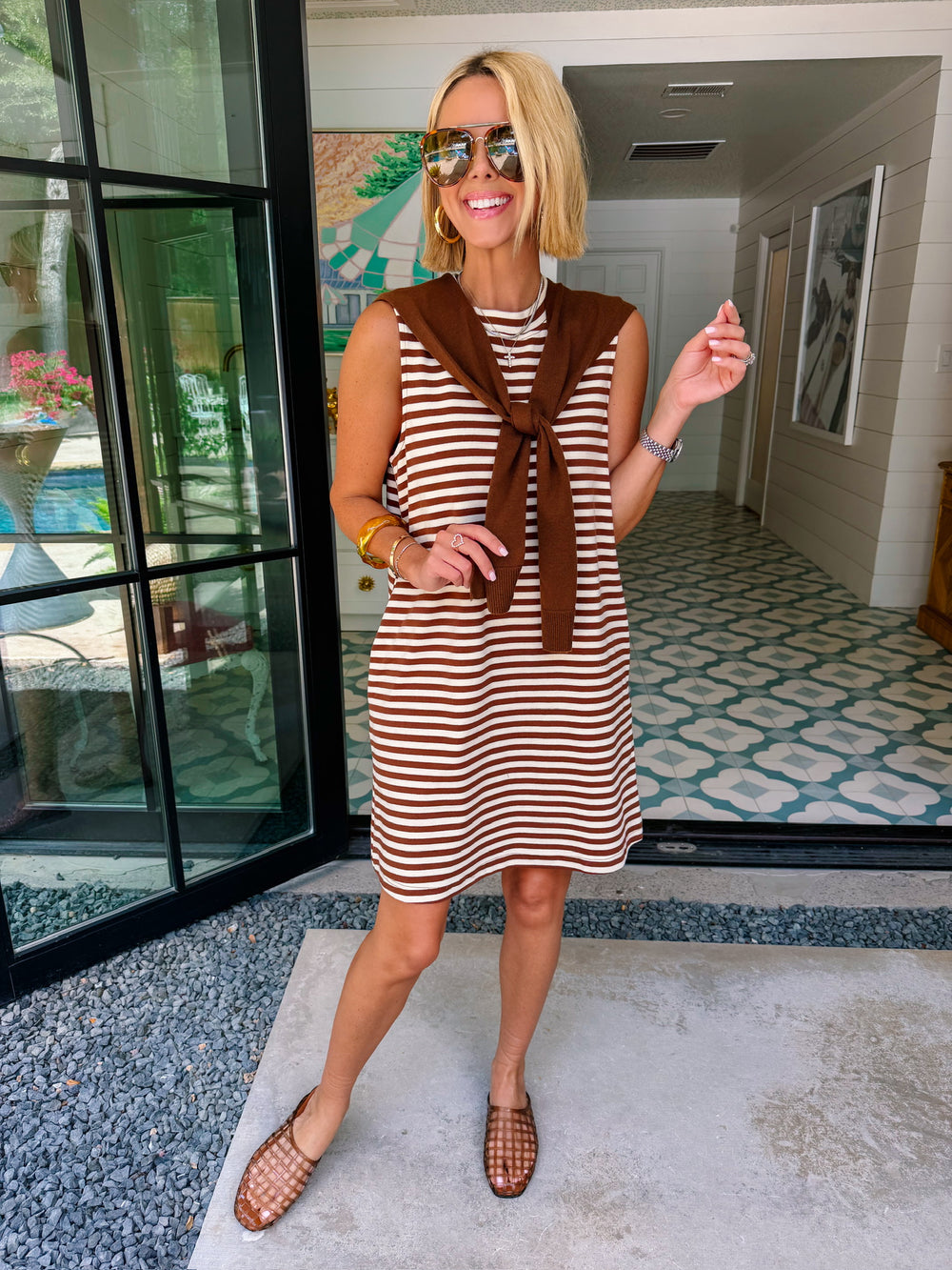KIMBERLY STRIPE SHOULDER SWEATER DRESS - BROWN