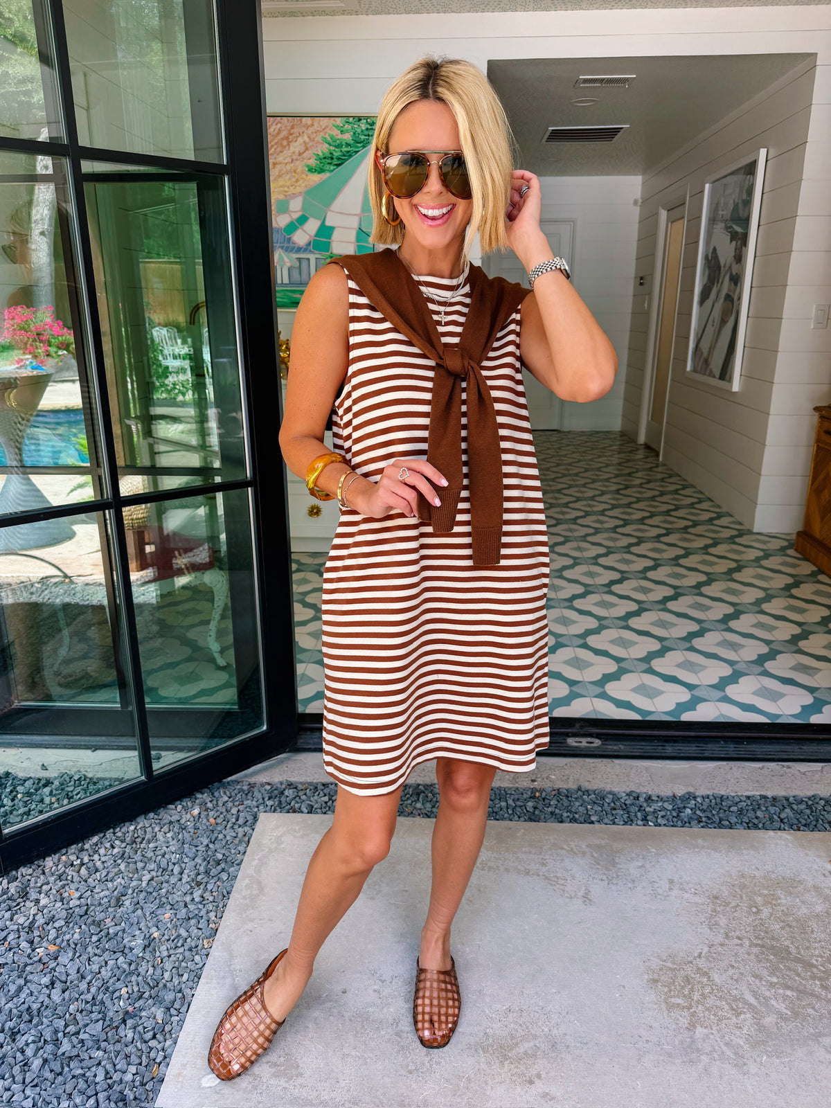 KIMBERLY STRIPE SHOULDER SWEATER DRESS - BROWN