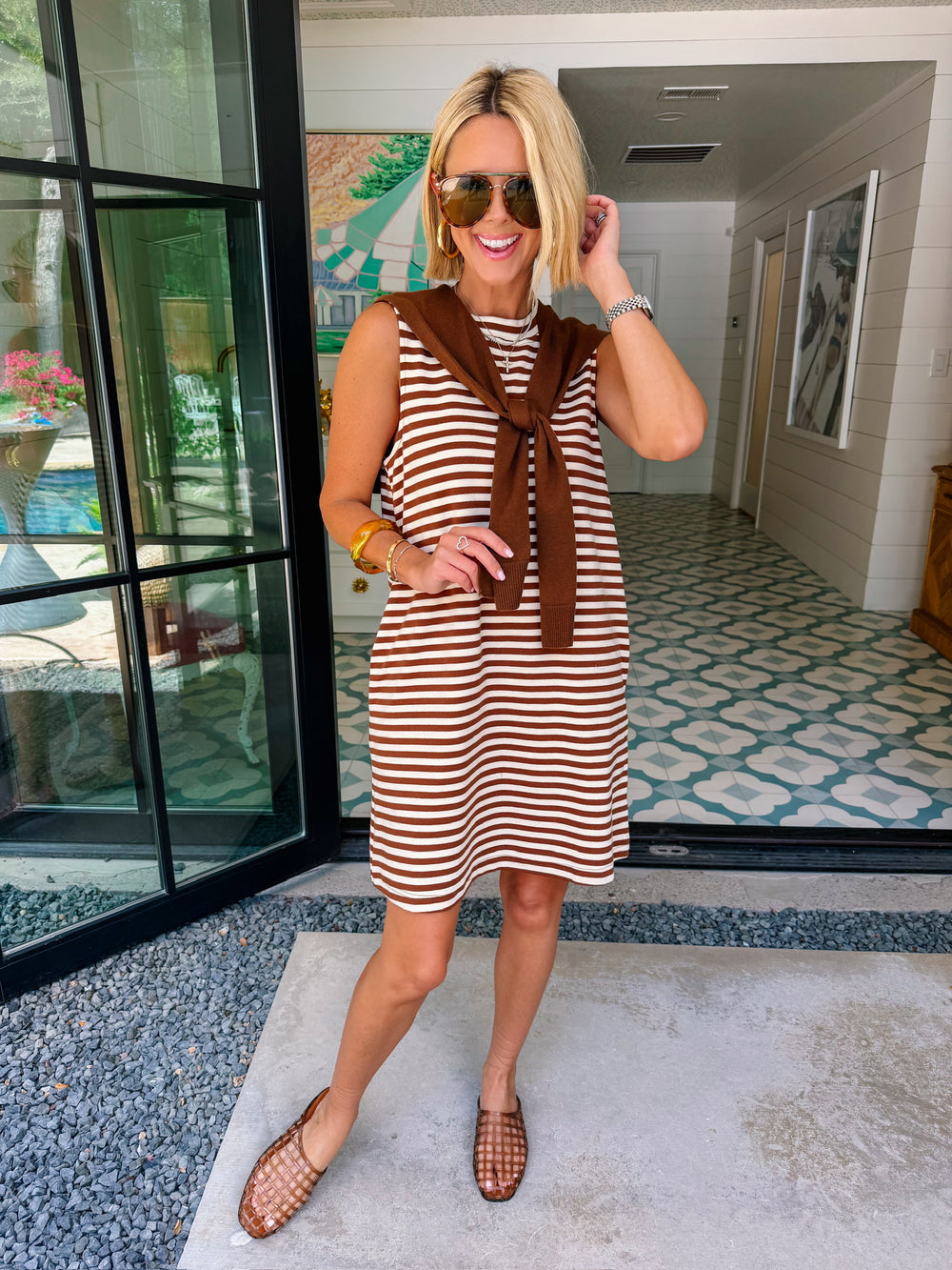KIMBERLY STRIPE SHOULDER SWEATER DRESS - BROWN