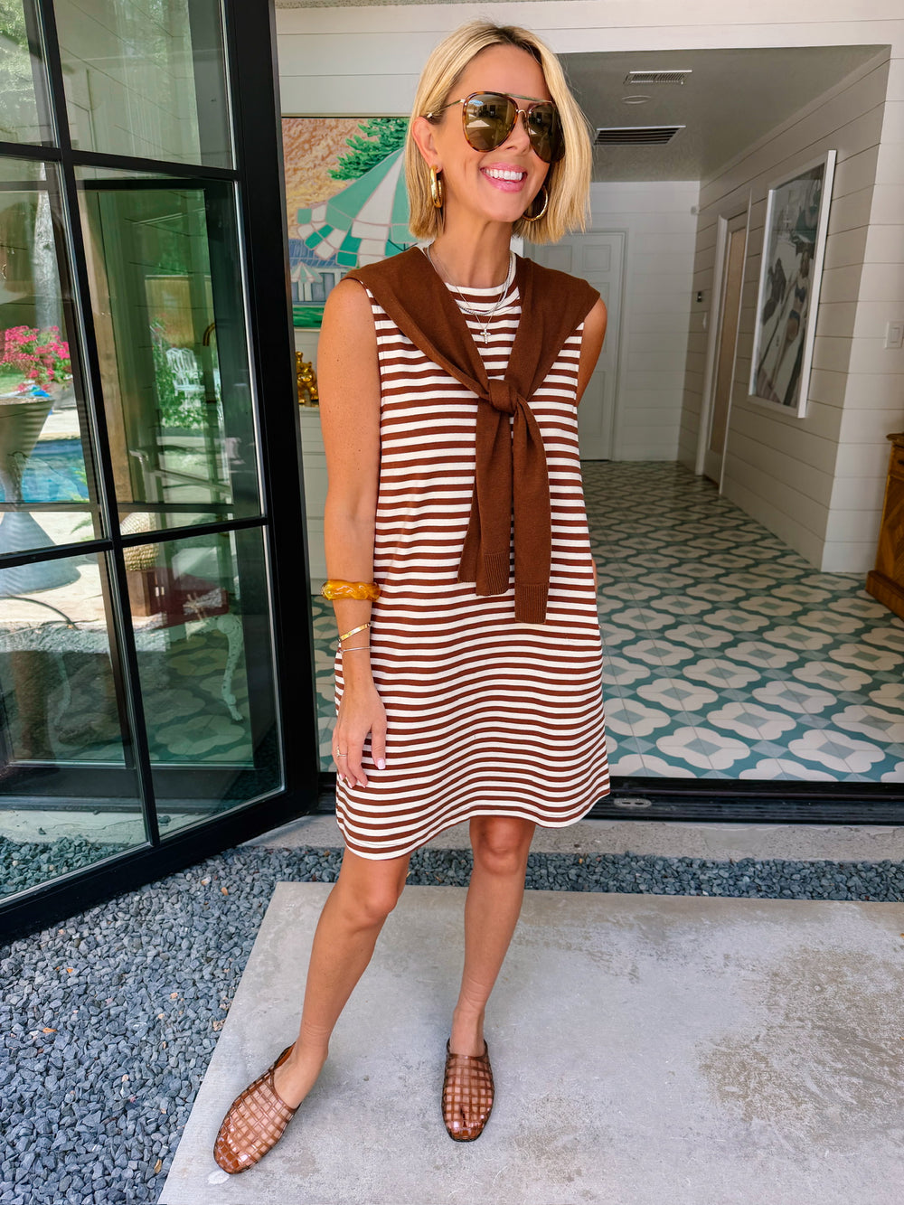 KIMBERLY STRIPE SHOULDER SWEATER DRESS - BROWN