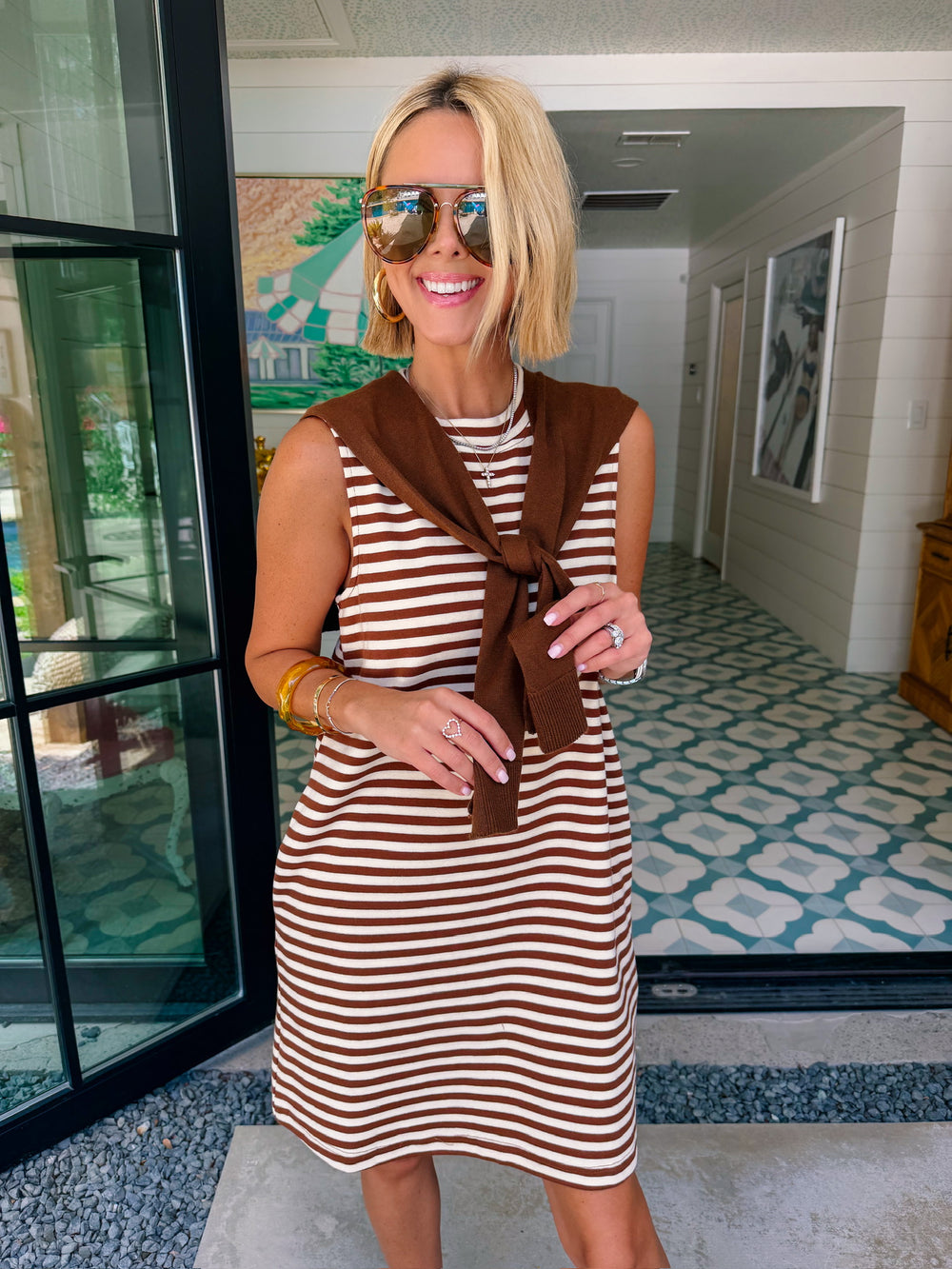 KIMBERLY STRIPE SHOULDER SWEATER DRESS - BROWN