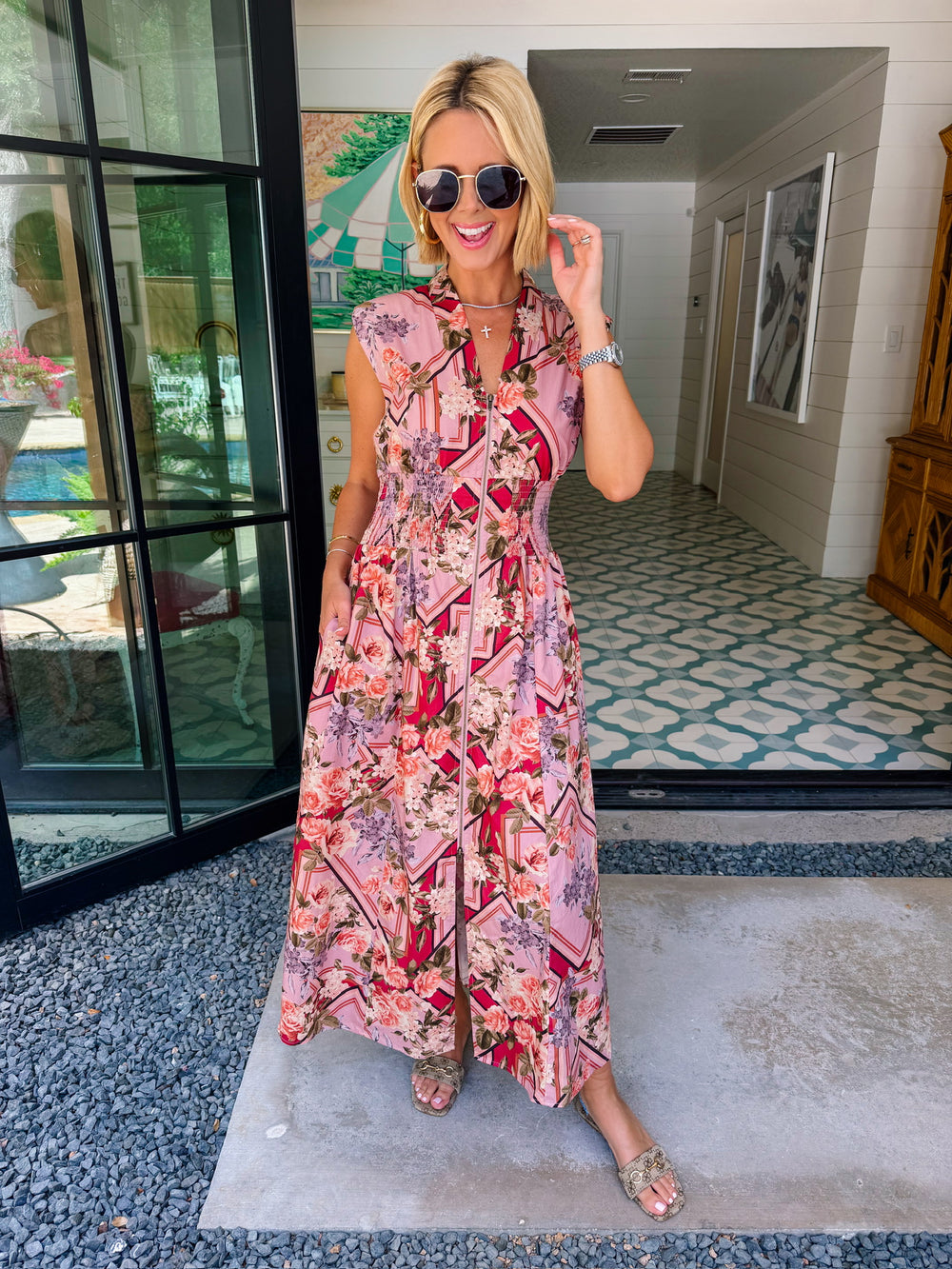 CAMILLA CINCH WAIST ZIP UP FLORAL MIDI DRESS - MAUVE