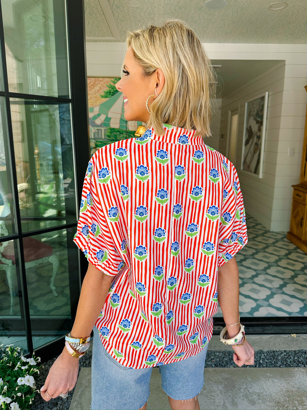 FOREVER FLORAL STRIPE TOP - RED