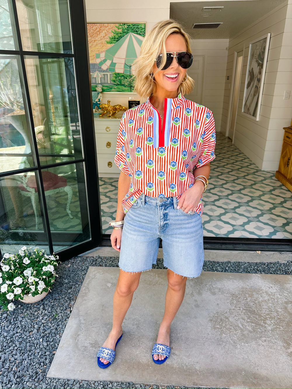 FOREVER FLORAL STRIPE TOP - RED