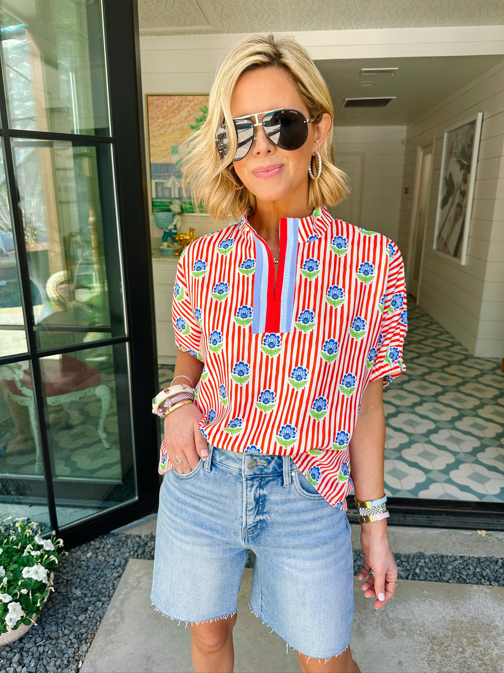 FOREVER FLORAL STRIPE TOP - RED