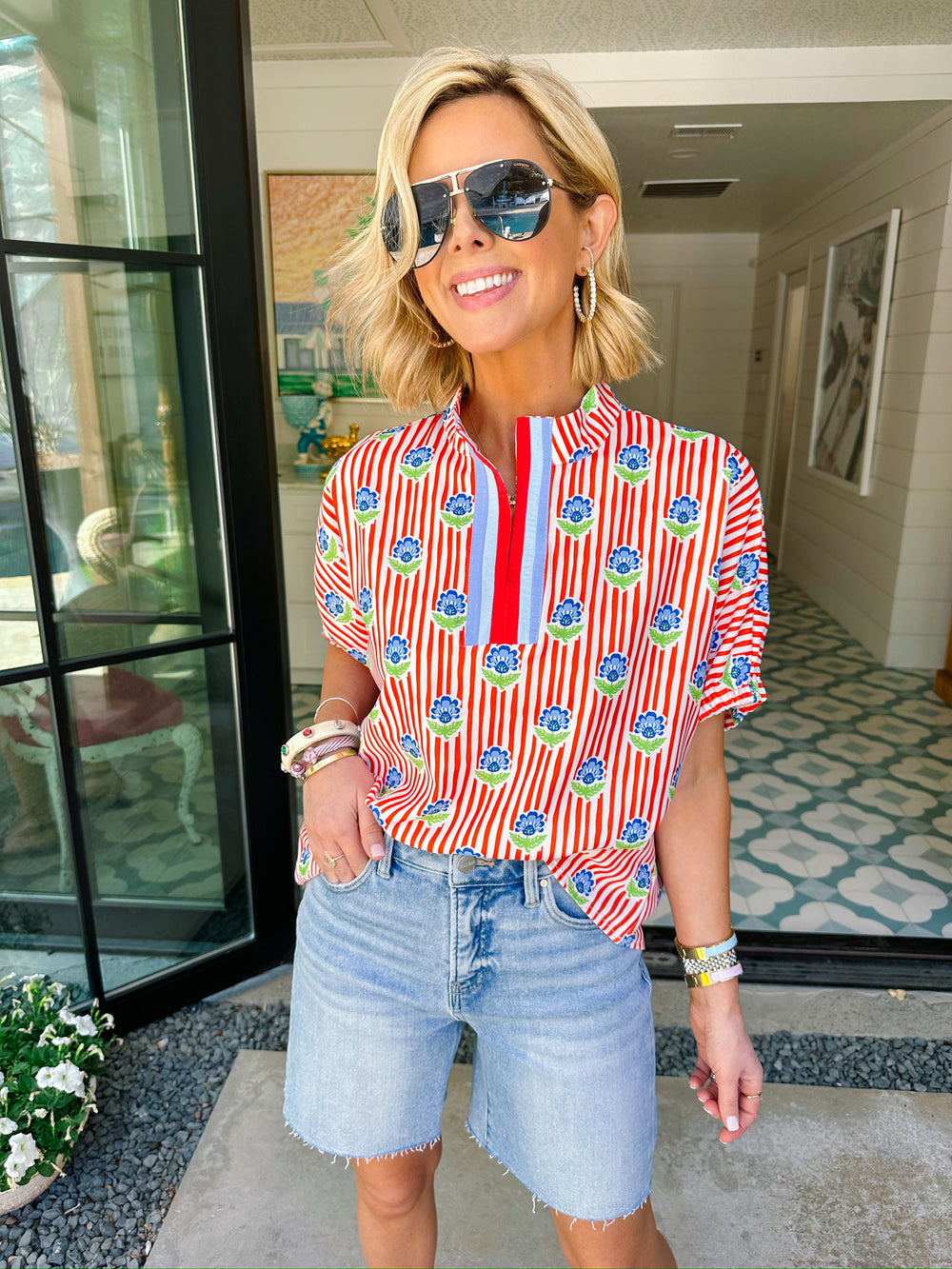 FOREVER FLORAL STRIPE TOP - RED