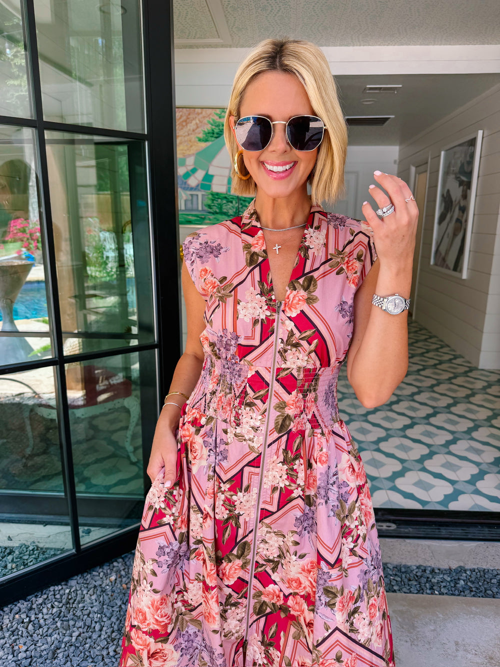 CAMILLA CINCH WAIST ZIP UP FLORAL MIDI DRESS - MAUVE