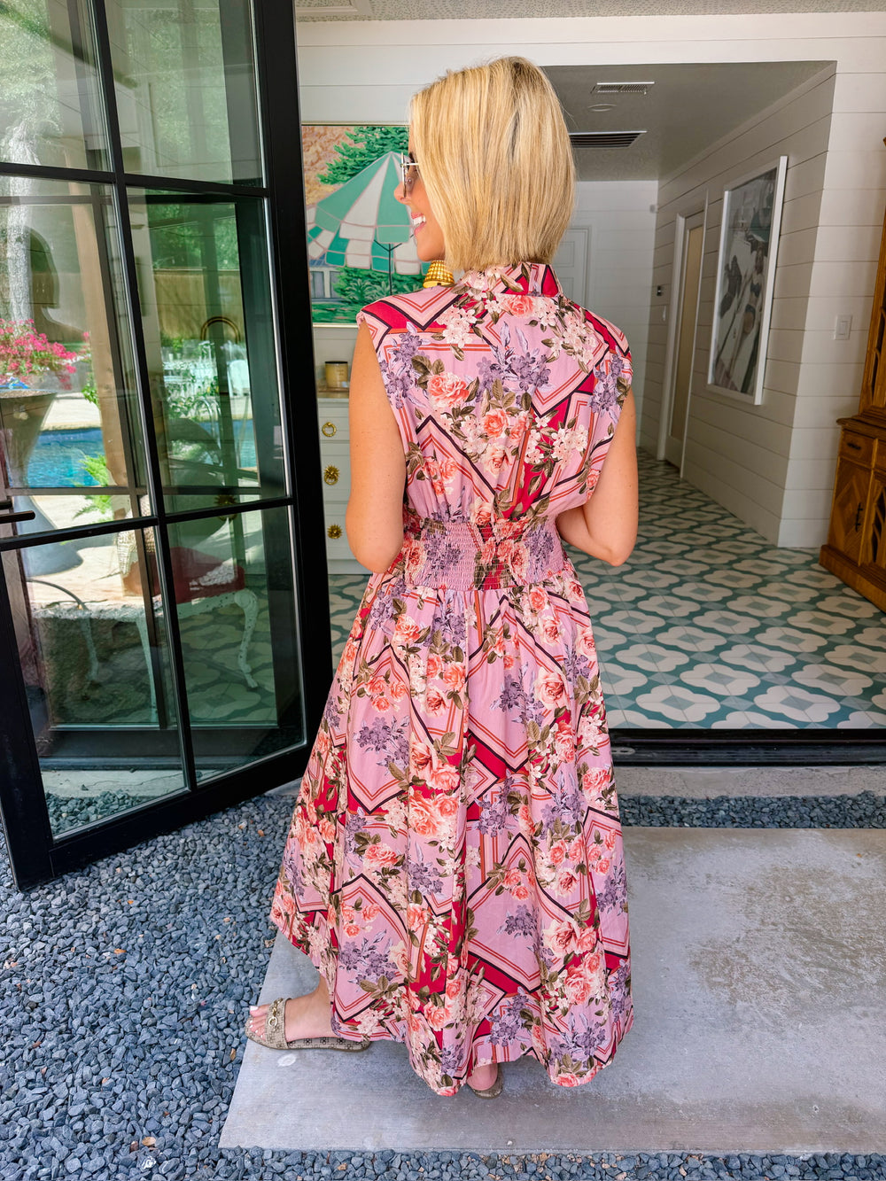 CAMILLA CINCH WAIST ZIP UP FLORAL MIDI DRESS - MAUVE